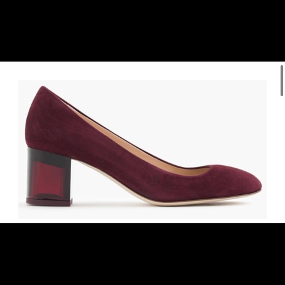 J. Crew burgandy suede, lucite block heel